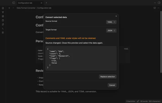 The preview blocks replacement after the source note changes.