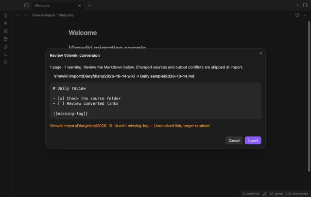 The preview maps a dated diary page into Daily sample and shows an unresolved-link warning.