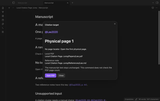 The preview shows a citation without a locator targeting physical page one.