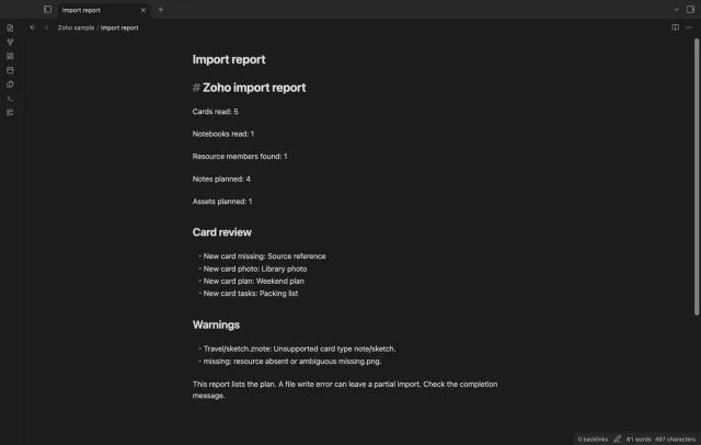 The report lists planned notes and warnings for skipped cards.
