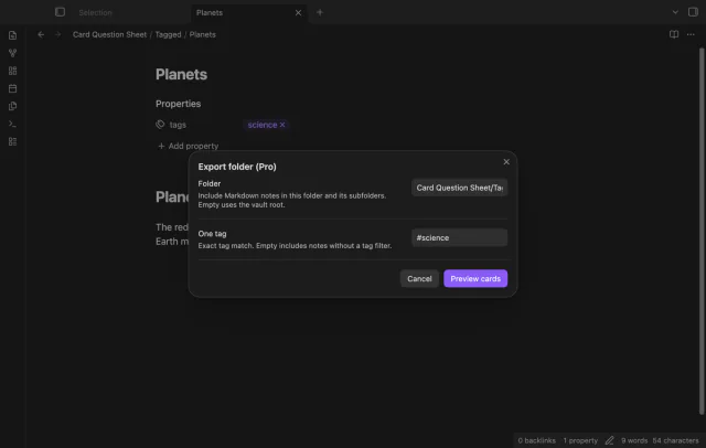 Folder export offers a source folder and one tag filter.
