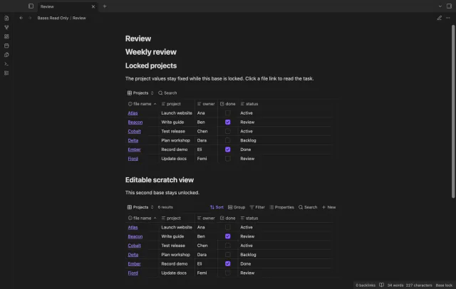 A weekly review contains a locked project base and a separate unlocked scratch base.