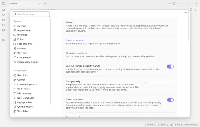 The settings tab with the status line, the commands and the property settings.