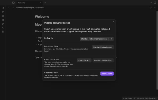 The import dialog shows a sample JSON backup and destination folder controls.
