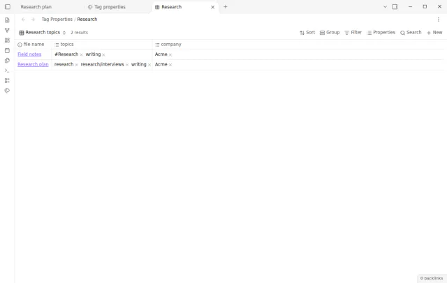 A native Bases table is filtered by the custom topics list.