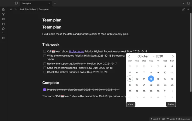The Tasks date editor opens from a labeled date field.