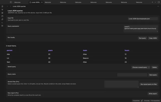 A query result shows people with person, years, team and hours columns in a local table.
