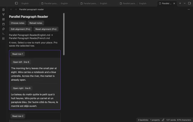 A narrow desktop pane stacks the French paragraph below its English partner.