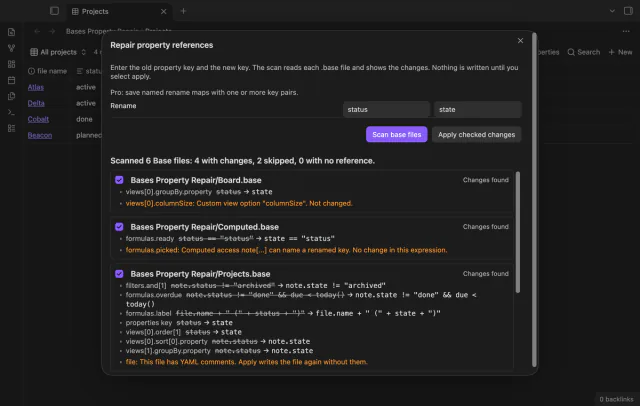 Warnings for a custom view option and for a computed note[field] access.