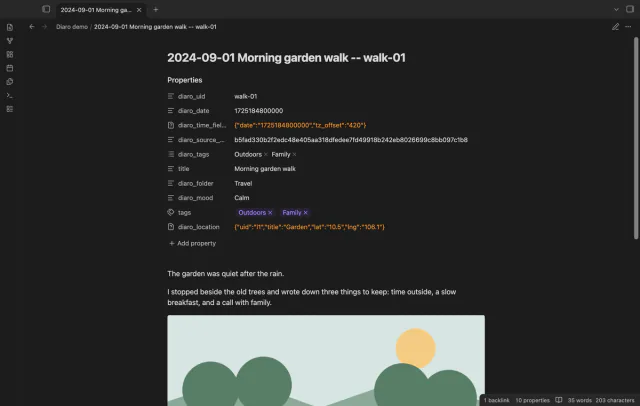 An imported note with source properties, tags and journal text.
