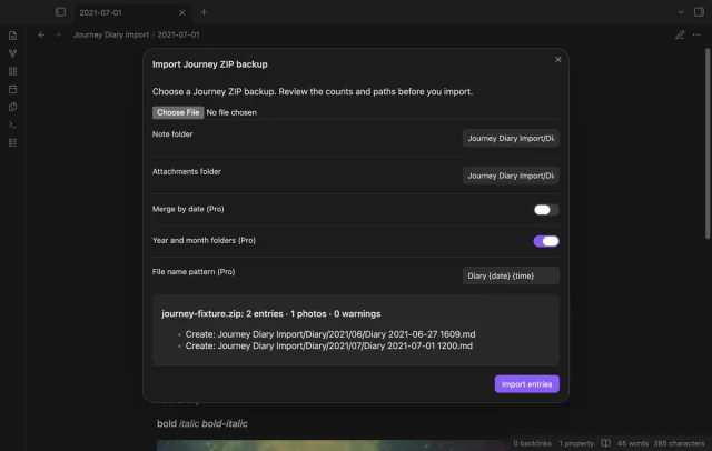 The preview shows year and month folders and a custom diary name.