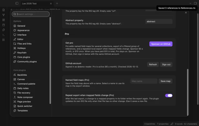 The Pro settings with the repeat export setting on.