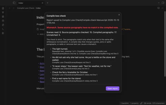 The result lists five paragraph texts without a match with scene paths and line numbers.