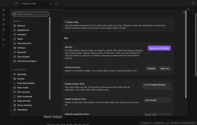 Plugin settings show trusted folder and Boolean property rules.