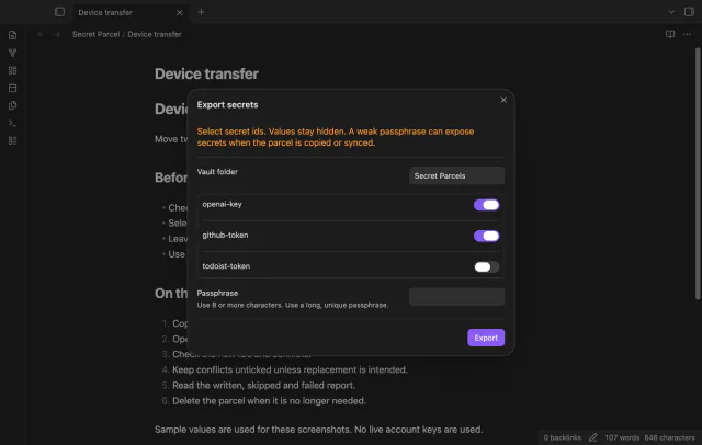 The export checklist shows selected sample secret IDs with hidden values.