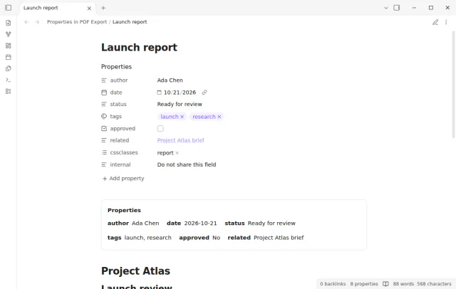 A compact properties header sits above the report text.