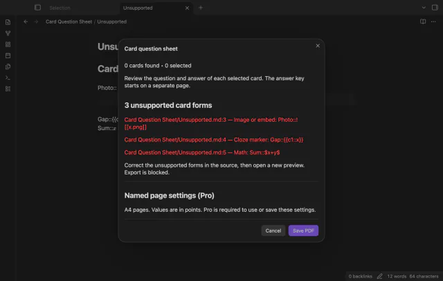 Unsupported cards appear with source text and line numbers.