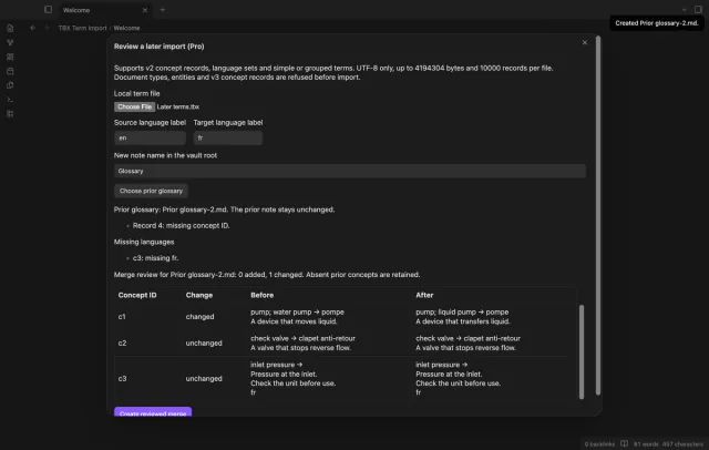 A merge review compares previous and incoming terms by concept ID.