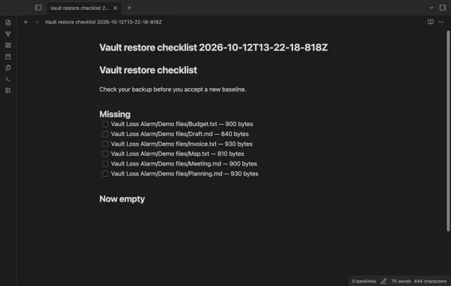 A restore checklist lists missing paths as unchecked tasks.