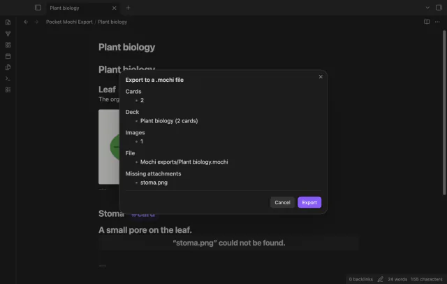 The preview of a plant note lists stoma.png under missing attachments.