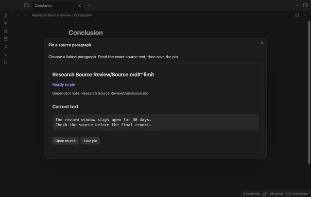The pin window shows a linked source paragraph ready for approval.