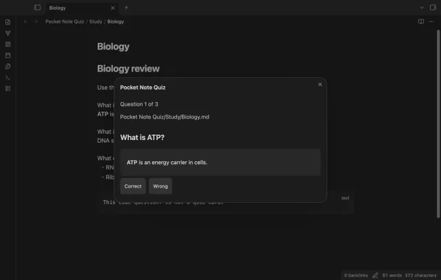 A biology question shows its revealed ATP answer above the Correct and Wrong buttons.