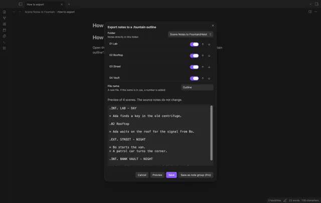The export preview shows forced scene headings and synopsis lines.