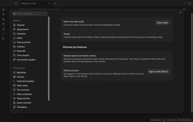 The settings explain the free audit and planned reports and batch checks.