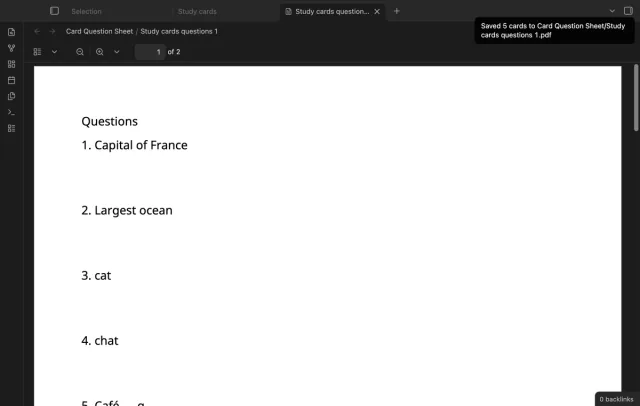 The saved PDF shows numbered questions and writing space.