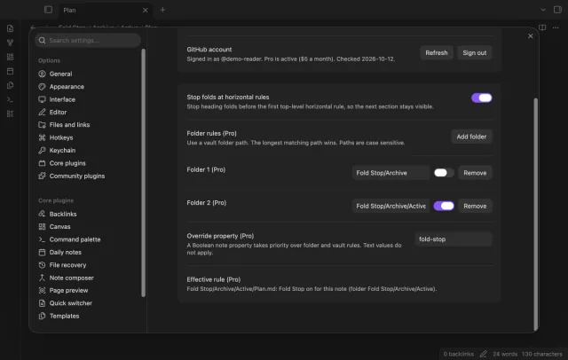 The settings show two folder rules and the active note rule.