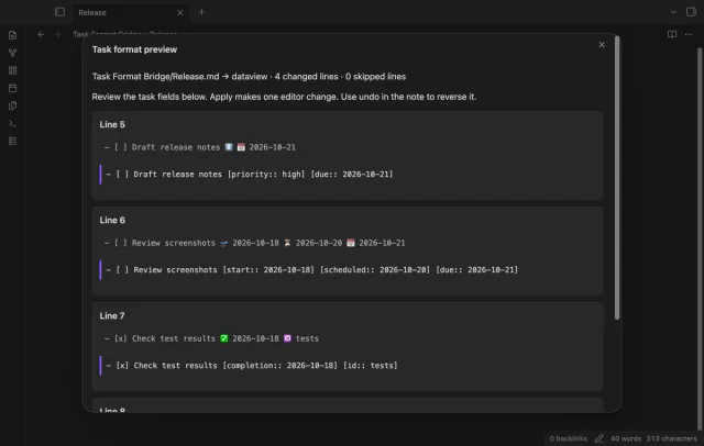 The task preview shows source lines above proposed Dataview field replacements.