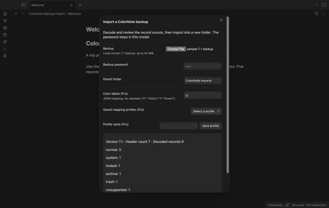 The import dialog shows decoded records and counts for omitted record classes.