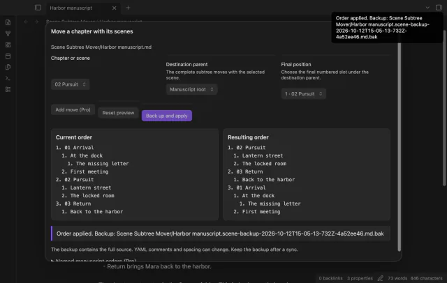The completed update reports the full source backup path in the window.