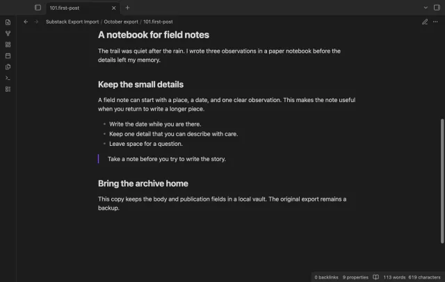 An imported post shows a Markdown heading and body.