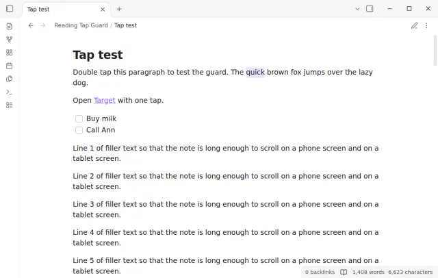 Reading view with the word quick selected after a double tap on it.