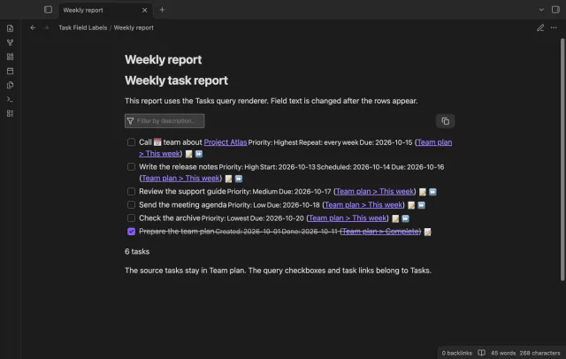 A task report shows compact date and priority fields.
