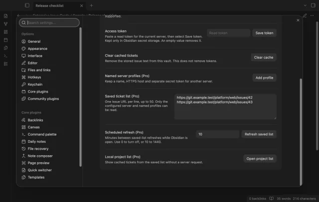 Settings show saved issue URLs and a refresh interval.