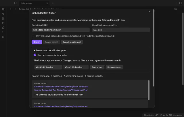 The search window shows preset controls and a local index option.