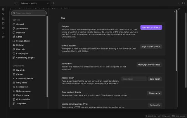 Plugin settings show the Enterprise server host and a token input.