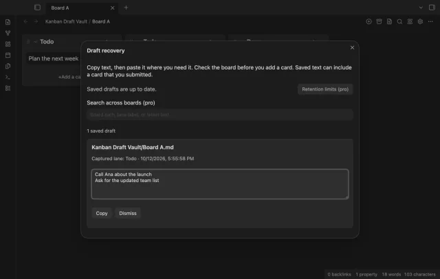 A saved draft appears in recovery after a normal plugin reload.