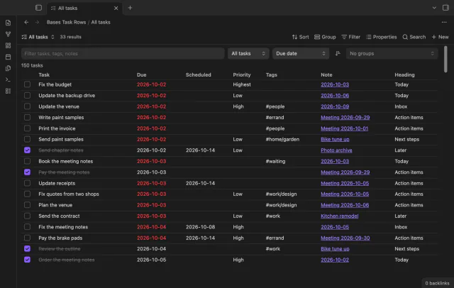 A Task rows view with checkboxes, dates, priorities, tags and note links.