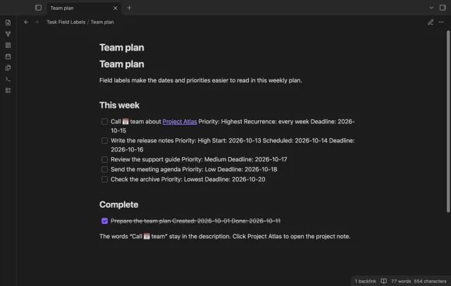 A saved Team preset uses Deadline and Recurrence as its field labels.