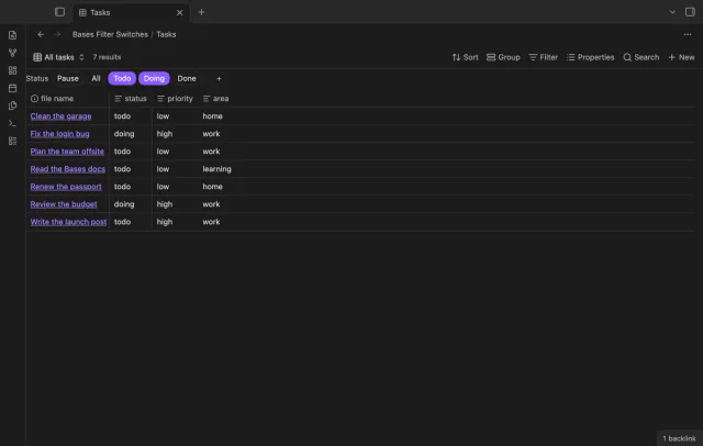A Tasks base with Todo and Doing switches on and seven results.