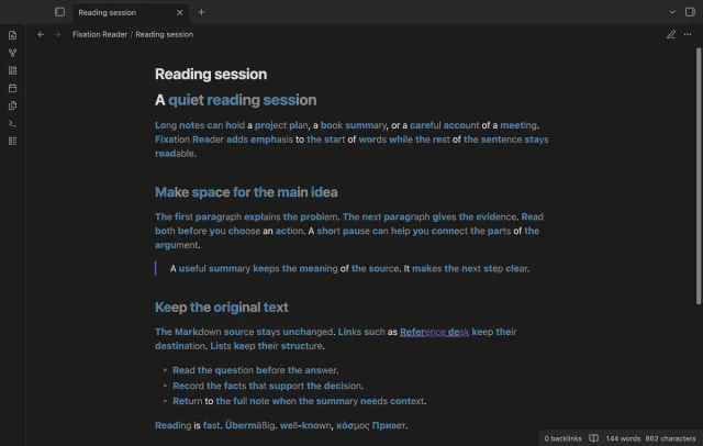 A sample note uses blue word starts and dimmed word endings.