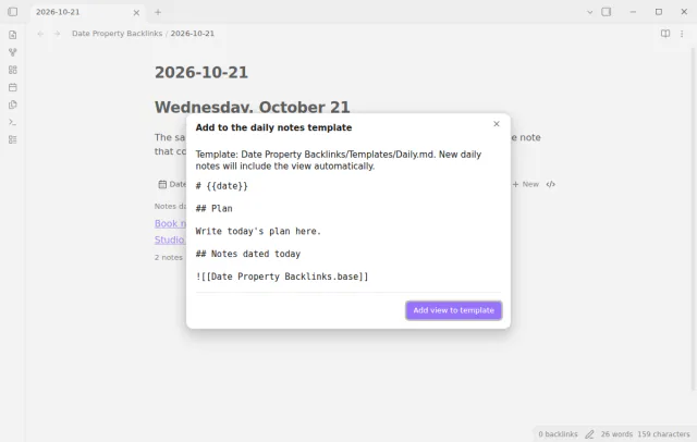 The setup previews the daily notes template before it adds the shared embed.