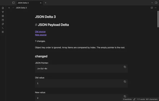 A Markdown report shows source links and literal JSON values.