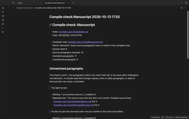The saved report shows a repeated paragraph and its possible source lines.