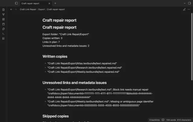 The report lists a missing page identifier and a block link for manual repair.