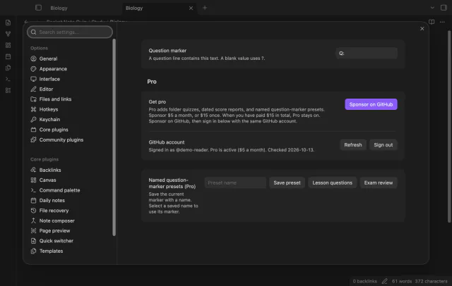 The settings show named marker presets below GitHub account controls with a demonstration account.