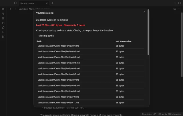 The report lists paths after a burst of delete events.